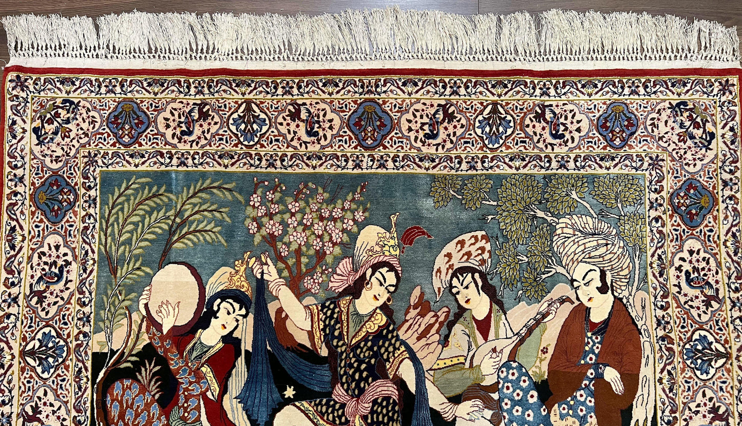 Persian Pictorial Rug 5 x 4 ft, Persian Isfahan Rug, Kork Wool on Silk Foundation, Signature from Master Weaver, Drums and Musical Instruments, Birds, Detailed