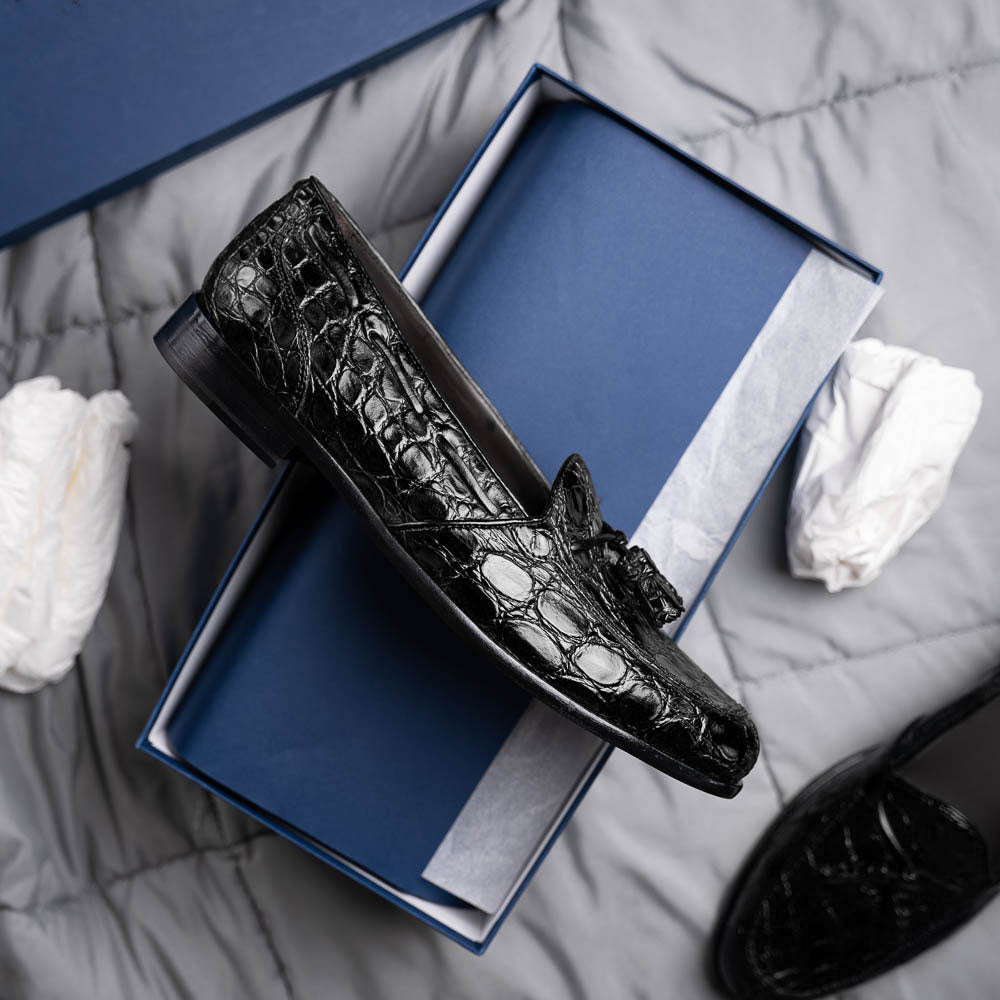 11-582-BLK FRANCO Mocassino con nappina in coccodrillo, nero