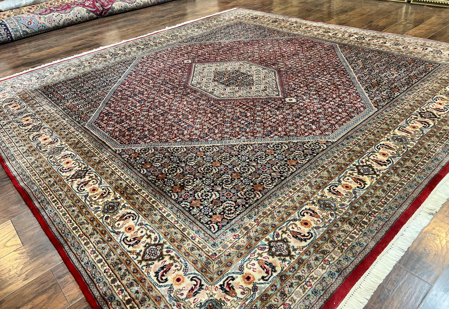 Square Indo Persian Bidjar Rug 10x10, Red, Handmade Vintage Wool Carpet