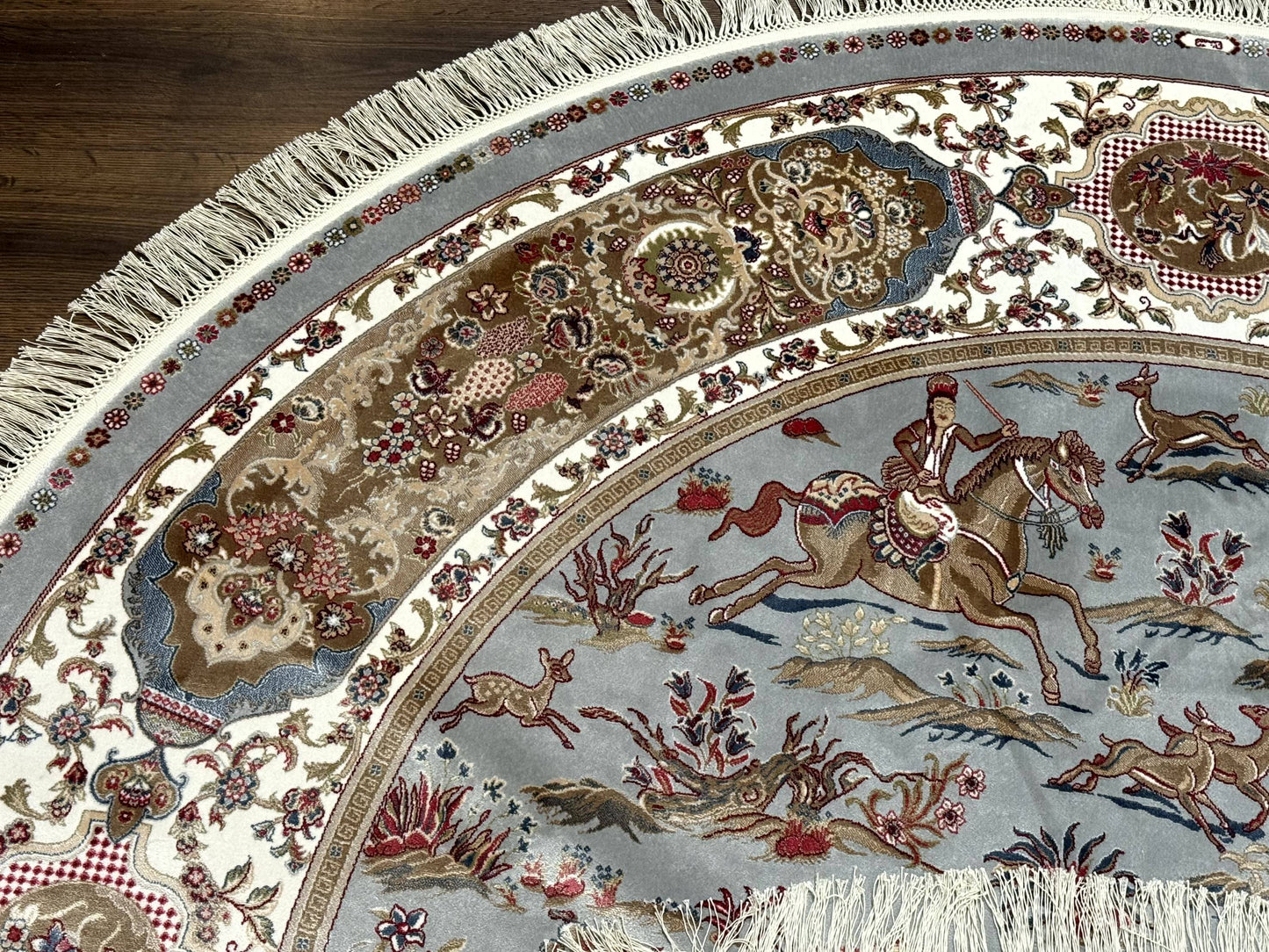 Round Silk Rug 6x6, Hunting Design, Bamboo Silk, Animal Pictorials