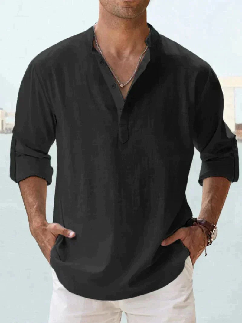 Collared V-Neck Linen Shirt