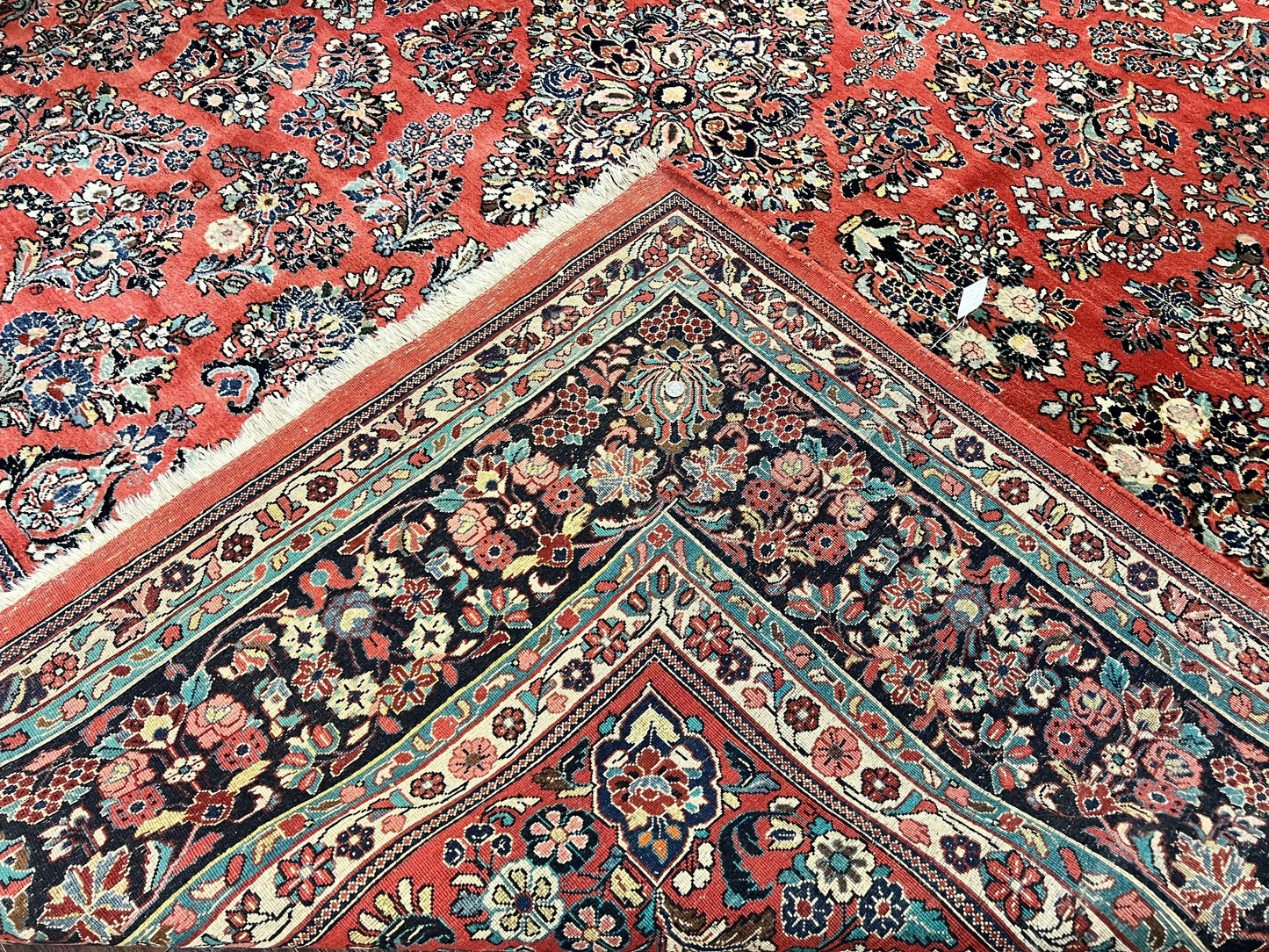 Square Persian Sarouk Rug 11x11 ft, Rare Size, Hand Knotted Wool Floral Allover Red Persian Carpet, Handmade Antique Rug
