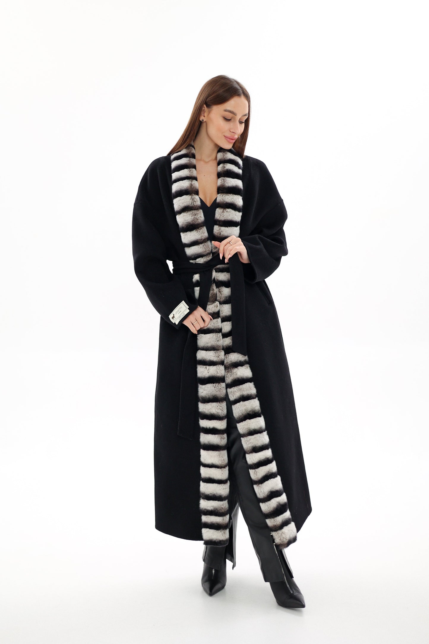 Genuine French Orylag Fur Italian Cashmere Wool Coat 130cm