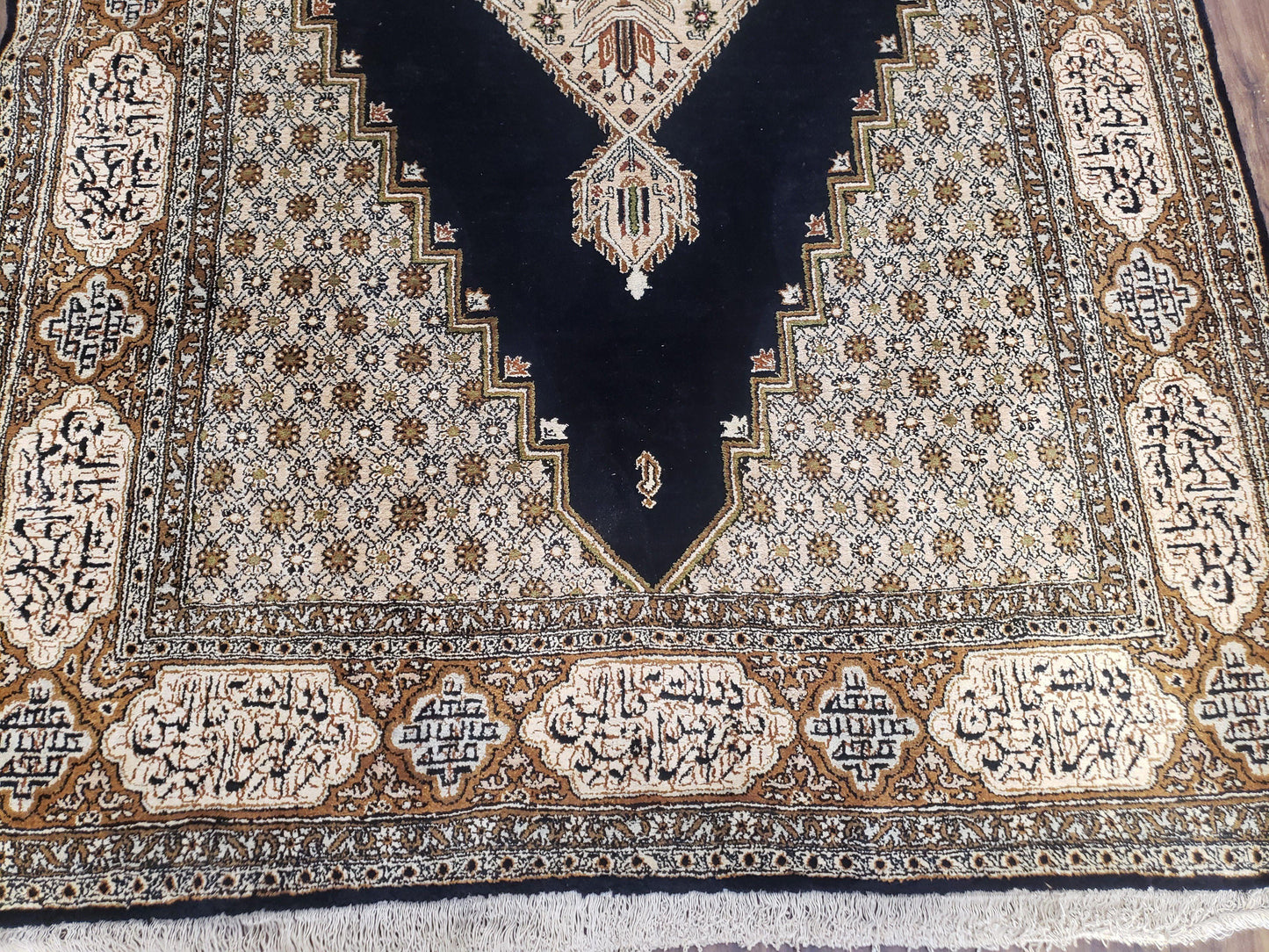 Persian Silk Qum Rug, Silk on Silk, Black Golden Brown and Beige, Hand-Knotted, 3'6" x 5' 5"