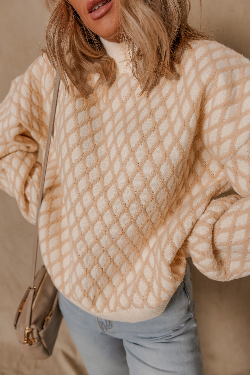 Sweter dzianinowy Ximena Rhombus z fakturą