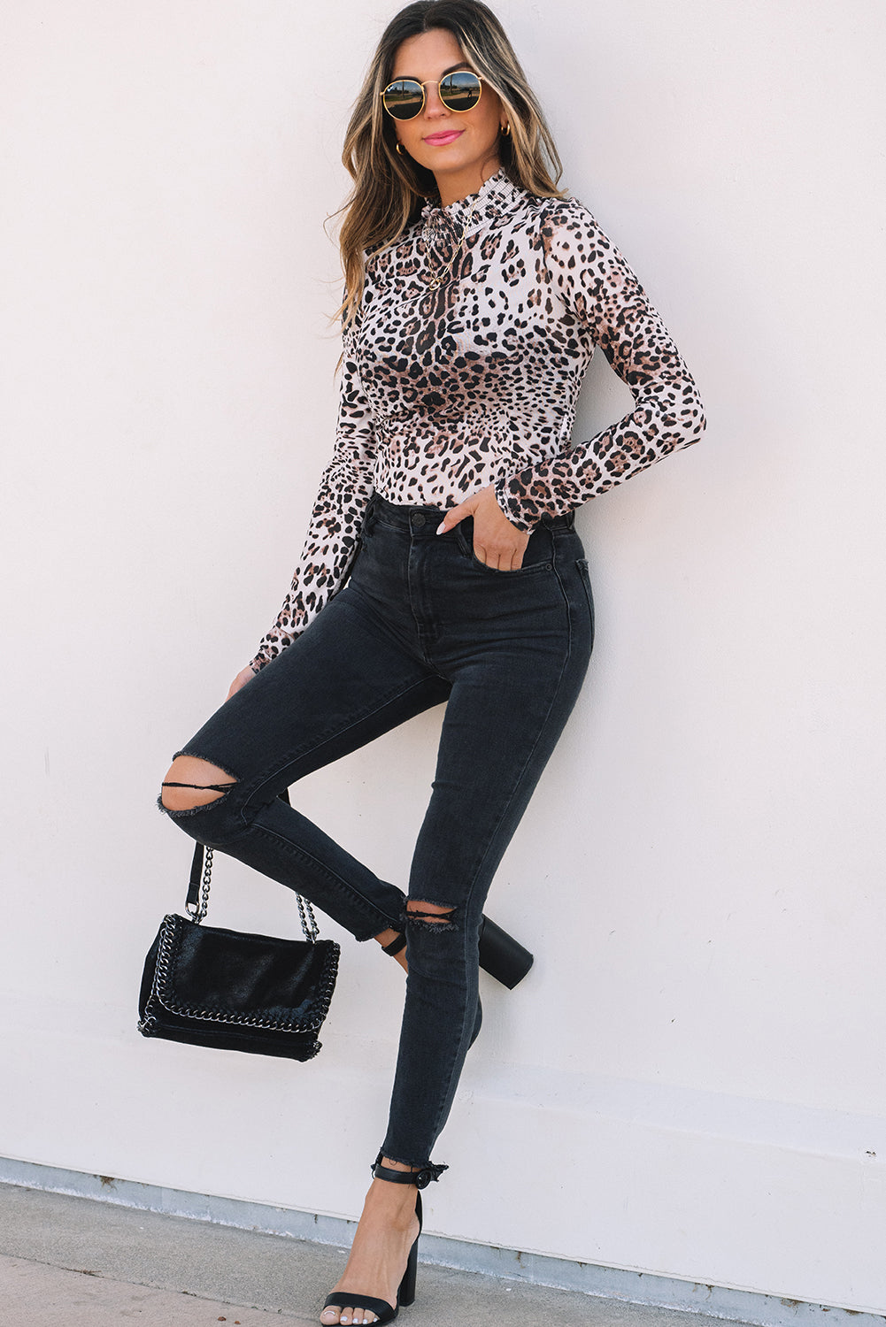 Leopard geraffter Kragen Mesh Langarm-Body