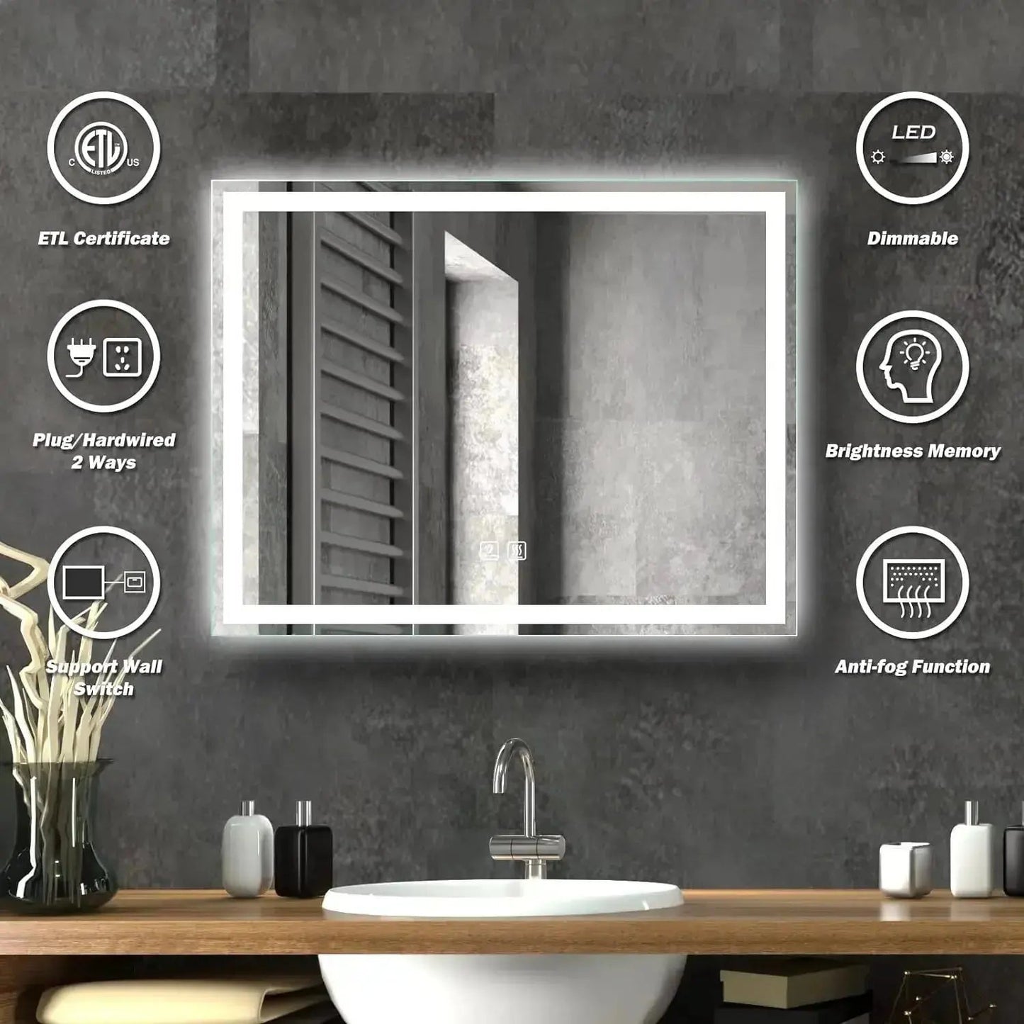 Specchio da bagno LED con illuminazione centrale 36 x 28 pollici