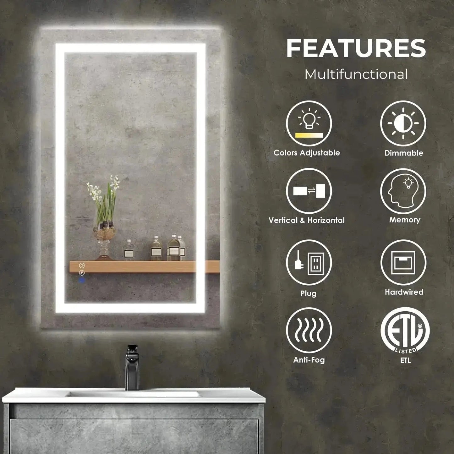 Specchio da bagno LED con illuminazione centrale 36 x 28 pollici