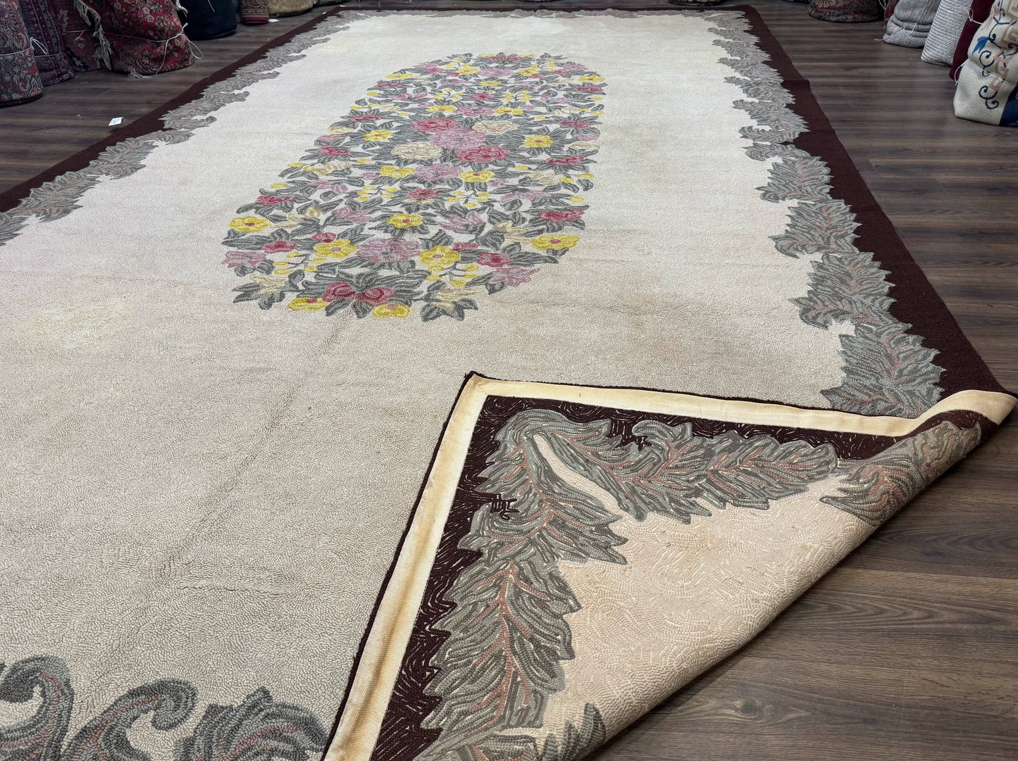Palace Size American Hooked Rug 11x20 Aubusson Style Ivory