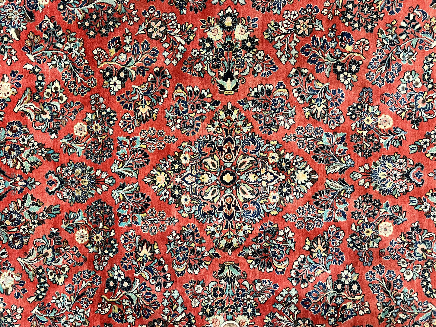 Square Persian Sarouk Rug 11x11 ft, Rare Size, Hand Knotted Wool Floral Allover Red Persian Carpet, Handmade Antique Rug