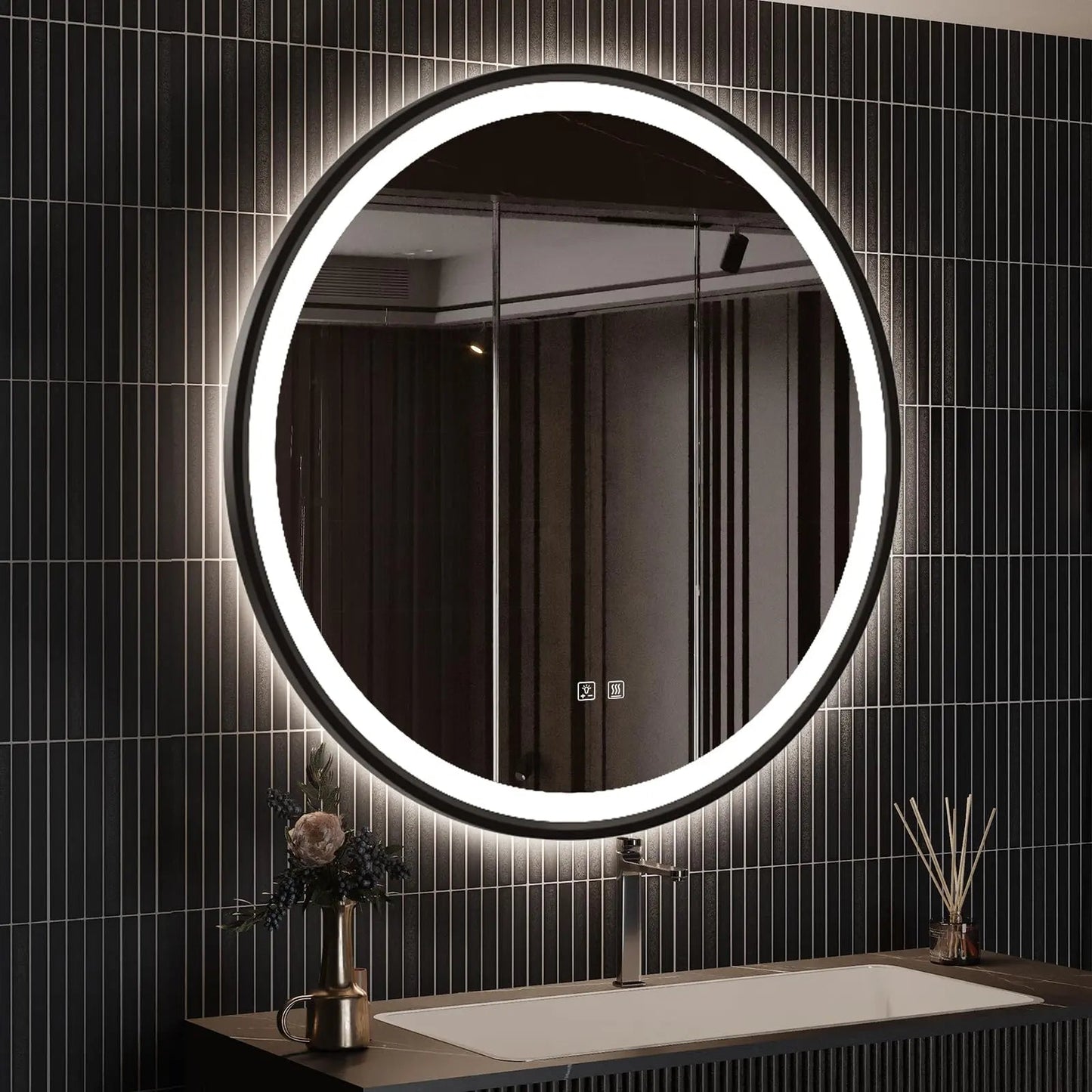 4 in 1 zwartverlicht omlijst rond LED-badkamerspiegel