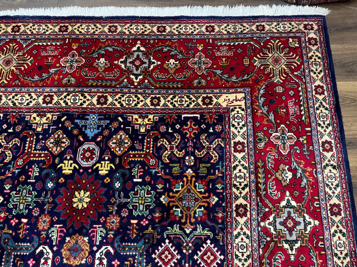 Large Persian Tabriz Rug 10x16, Navy Blue and Red, Allover Pattern, Vintage Hand Knotted Wool Carpet
