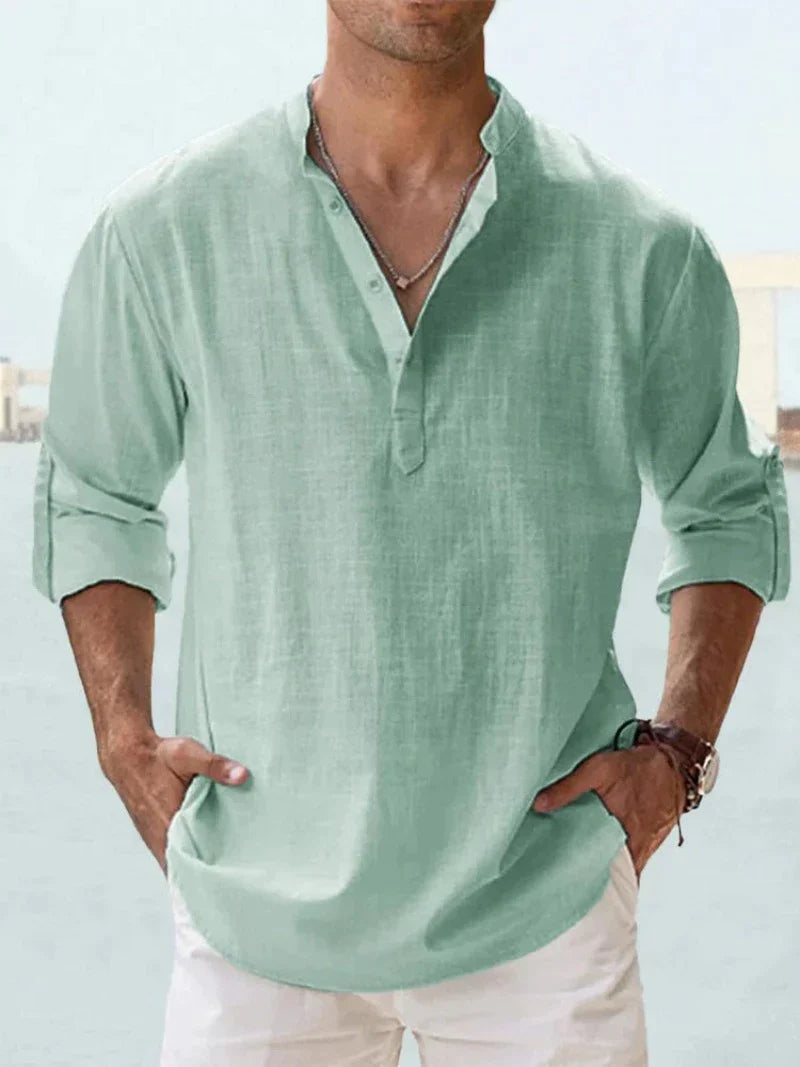 Collared V-Neck Linen Shirt