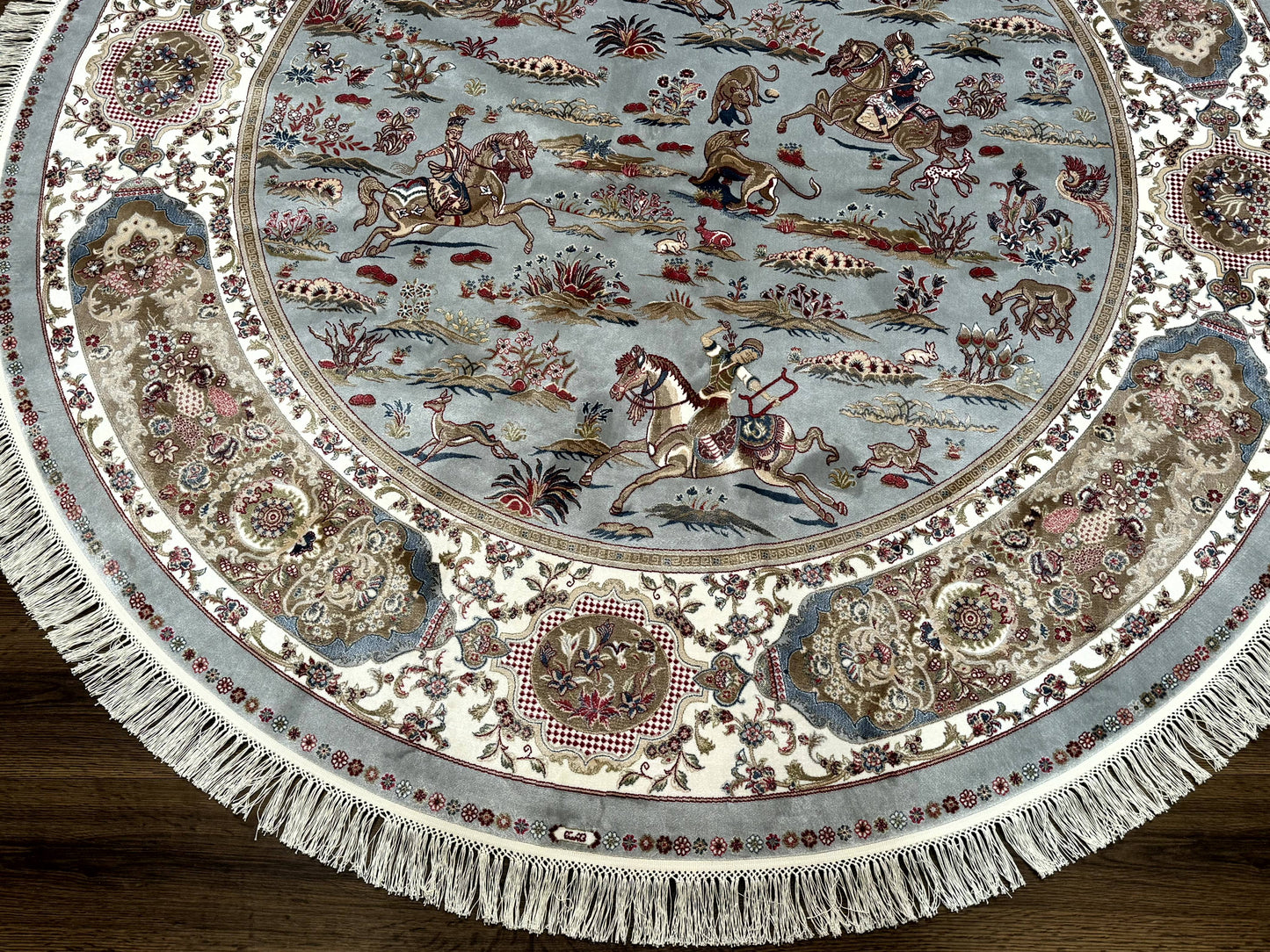 Round Silk Rug 6x6, Hunting Design, Bamboo Silk, Animal Pictorials