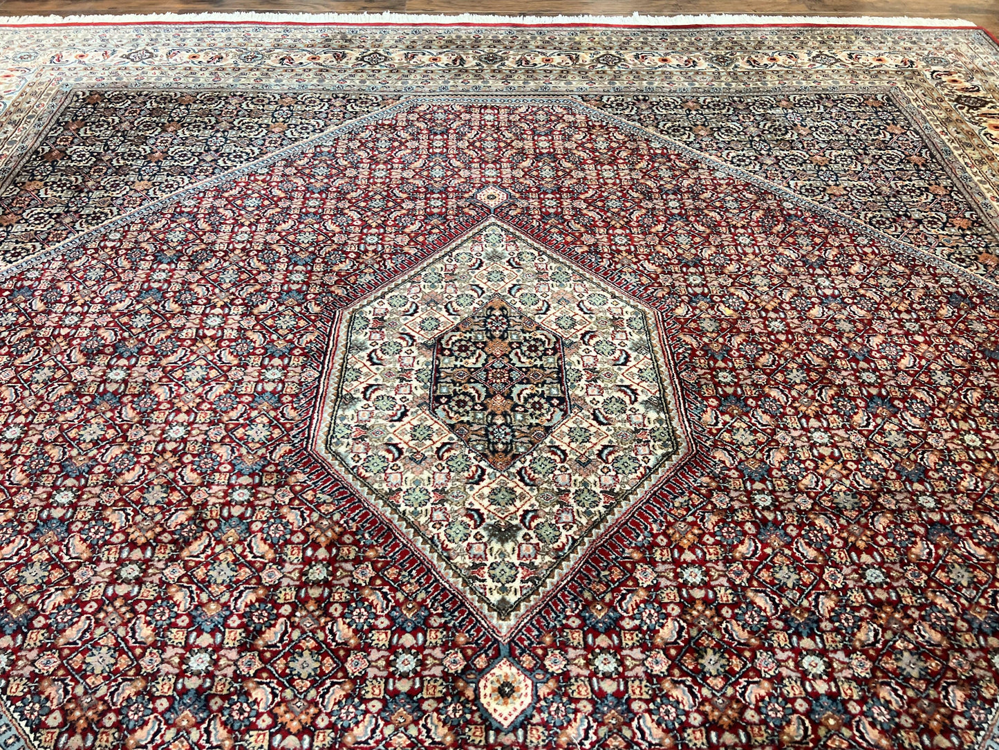 Square Indo Persian Bidjar Rug 10x10, Red, Handmade Vintage Wool Carpet