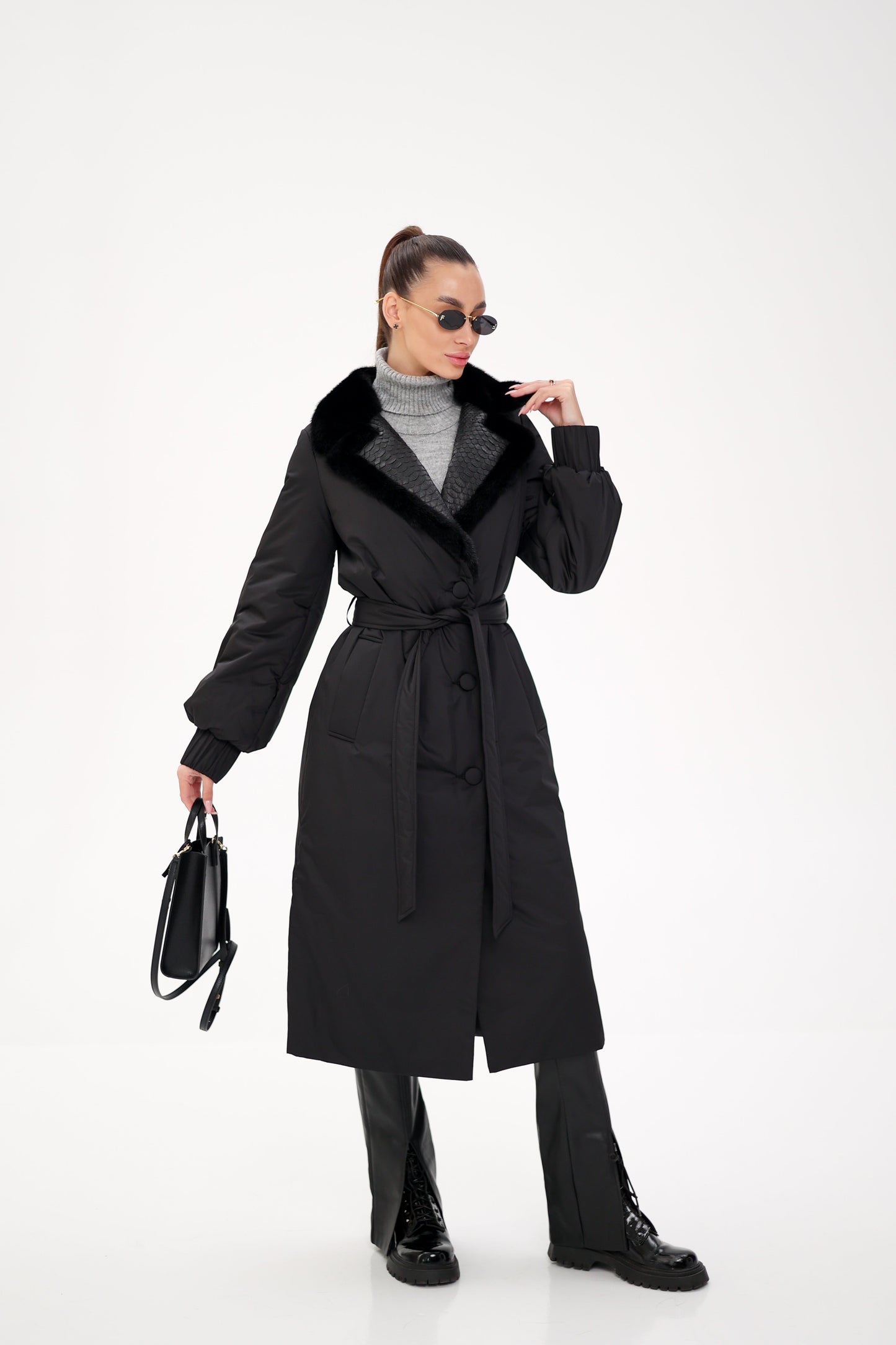 Ekte minkpels ekte pytonlær kantet kåpe