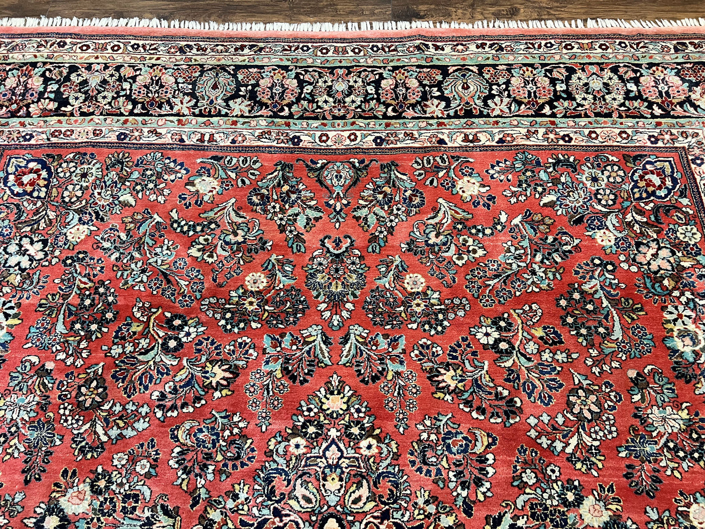 Square Persian Sarouk Rug 11x11 ft, Rare Size, Hand Knotted Wool Floral Allover Red Persian Carpet, Handmade Antique Rug