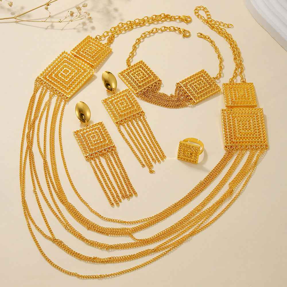 18K vergoldetes 5-teiliges mehrlagiges Quasten-Schmuckset für Hochzeiten