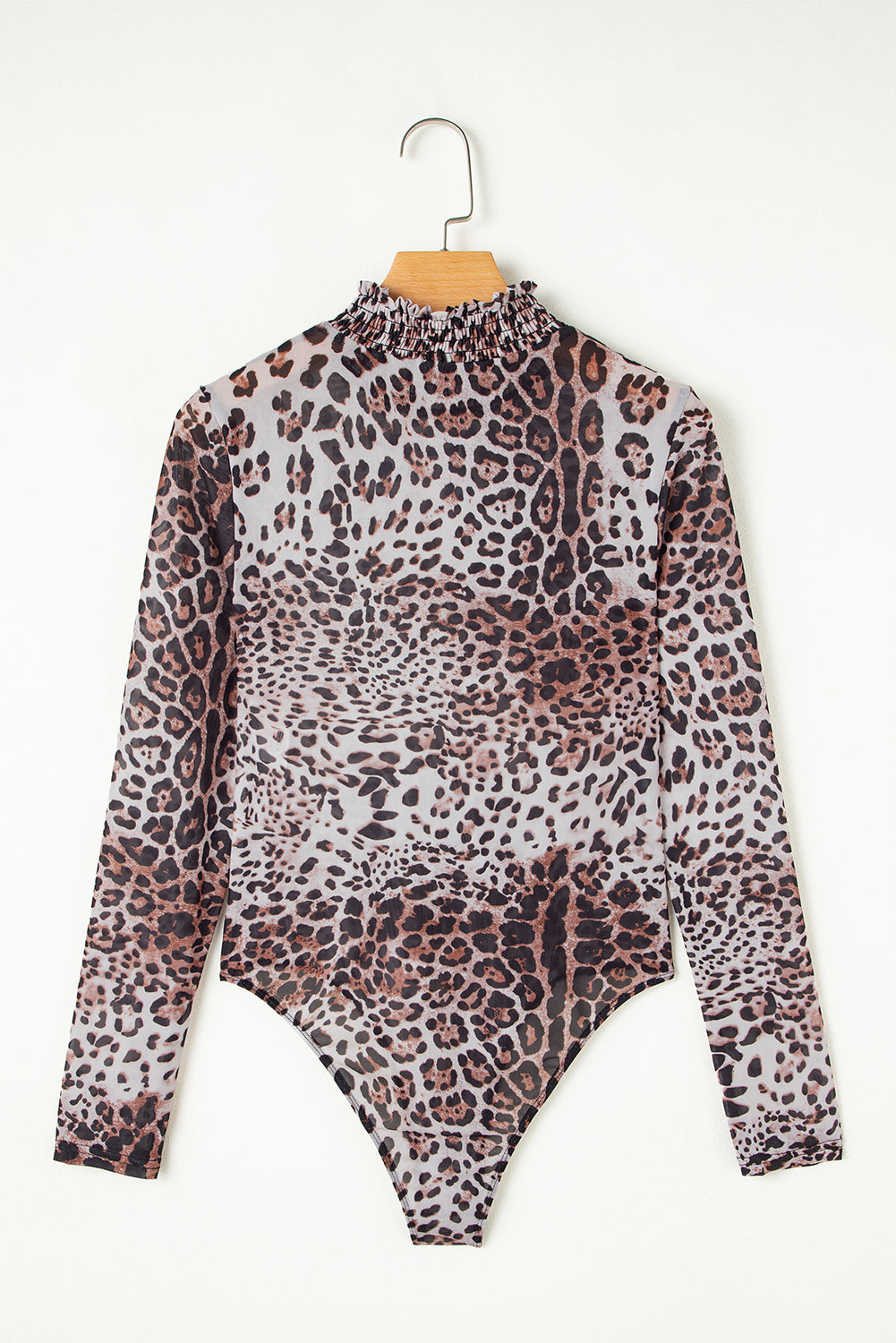 Leopard geraffter Kragen Mesh Langarm-Body