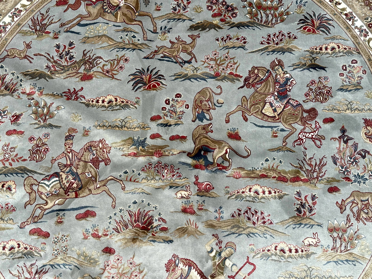 Round Silk Rug 6x6, Hunting Design, Bamboo Silk, Animal Pictorials