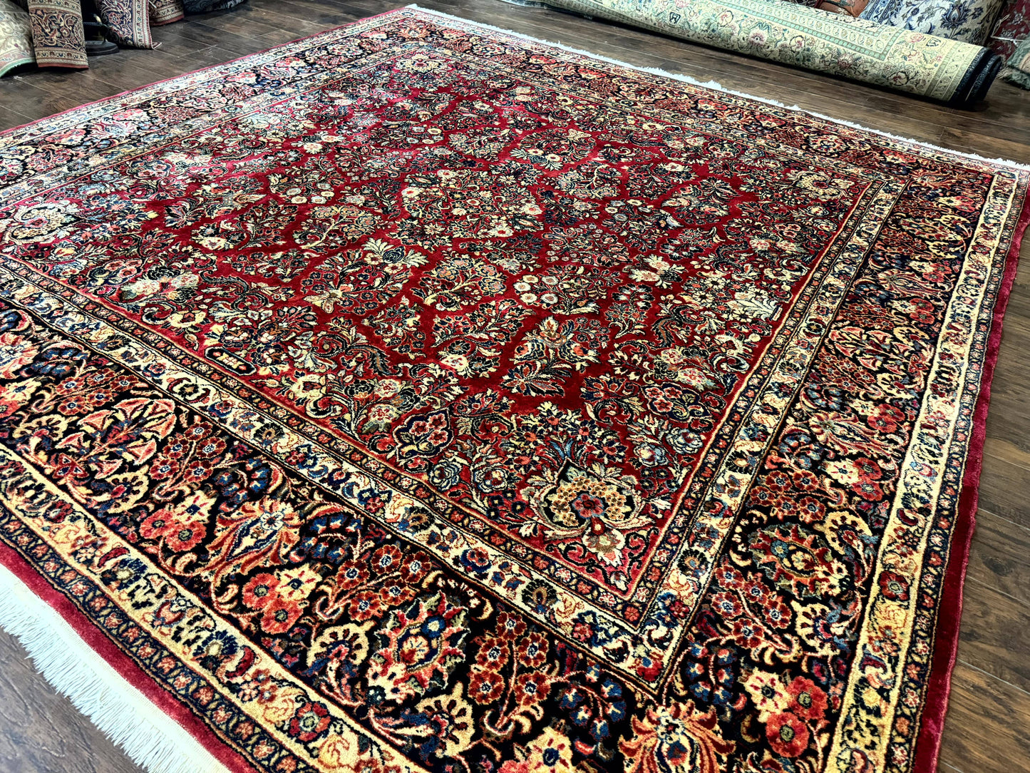 Persian Sarouk Rug 10x10, Square Persian Carpet, Red, Floral, Antique