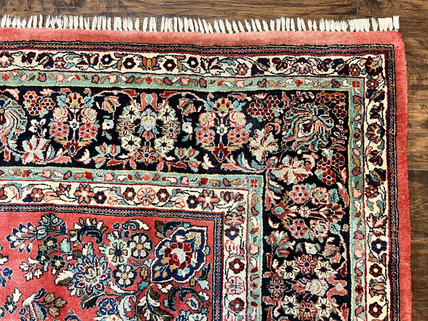 Square Persian Sarouk Rug 11x11 ft, Rare Size, Hand Knotted Wool Floral Allover Red Persian Carpet, Handmade Antique Rug