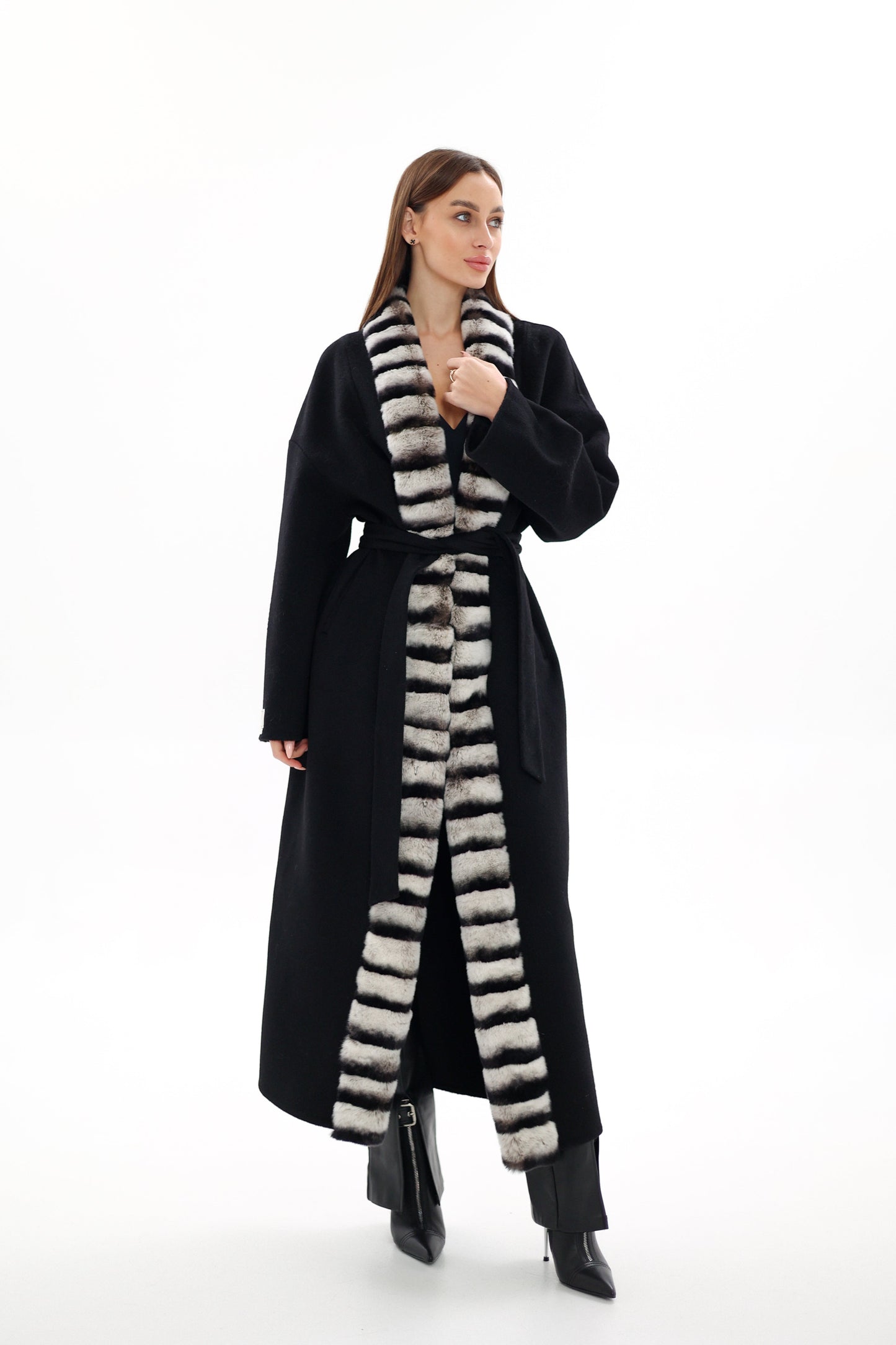 Genuine French Orylag Fur Italian Cashmere Wool Coat 130cm