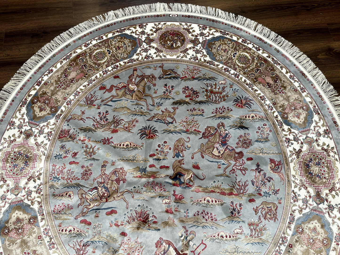 Round Silk Rug 6x6, Hunting Design, Bamboo Silk, Animal Pictorials