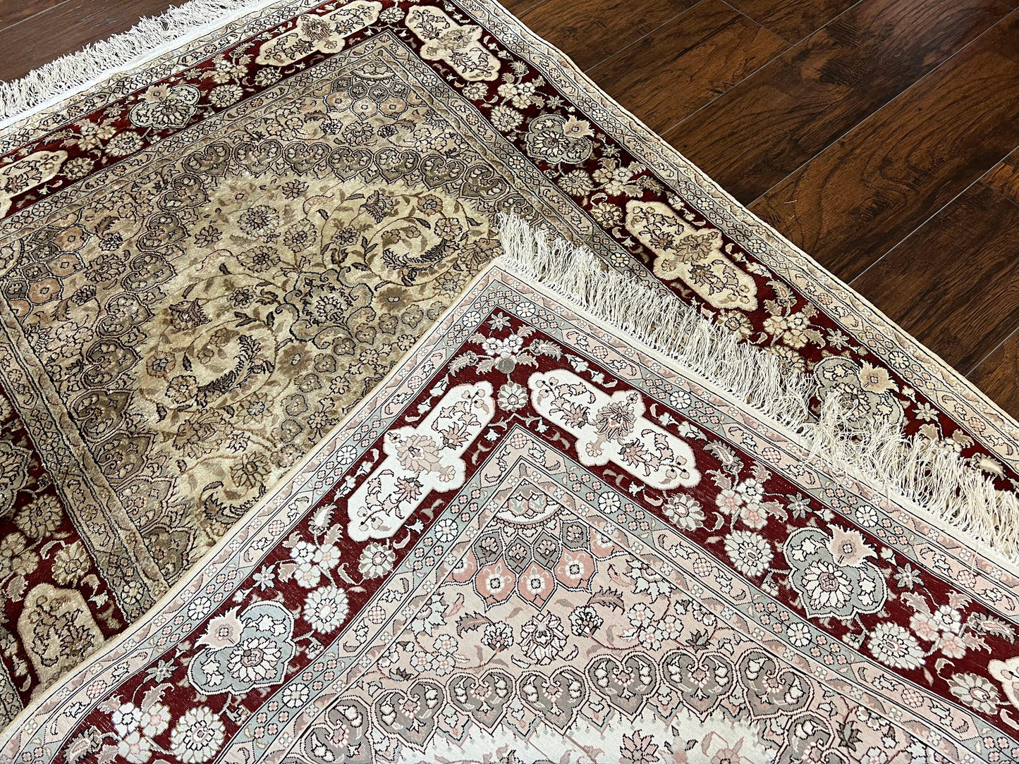 Silk Indian Kashmiri Rug 4x6 ft, Floral Medallion Hand Knotted Handmade Oriental Carpet, Vintage, Cream Burgundy, Very Fine Silk Rug 4 x 6