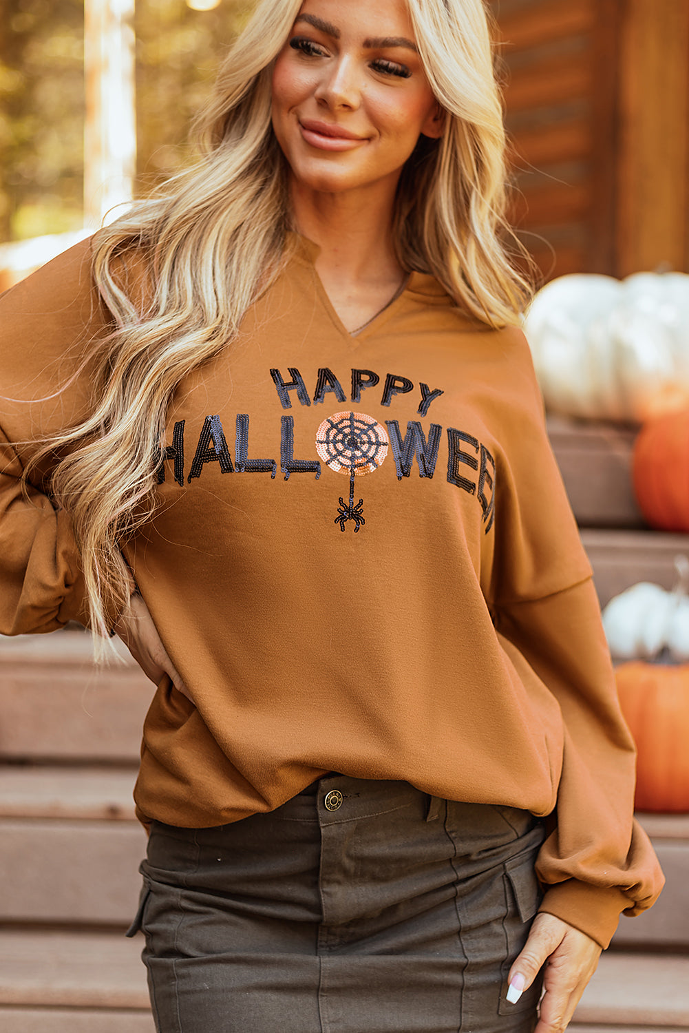 Bluzka z długim rękawem z cekinami Happy Halloween