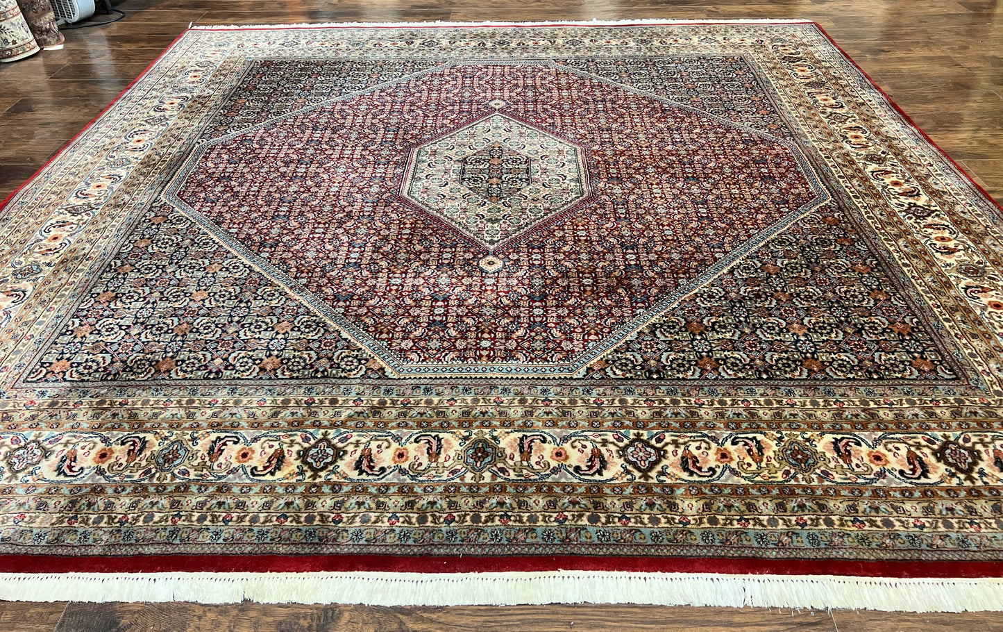 Square Indo Persian Bidjar Rug 10x10, Red, Handmade Vintage Wool Carpet
