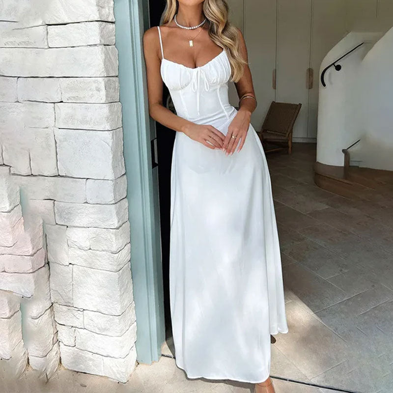 A-Line Women's Dress | Satin Feel Ruched Bodice Strappy Design for Formal Events 1