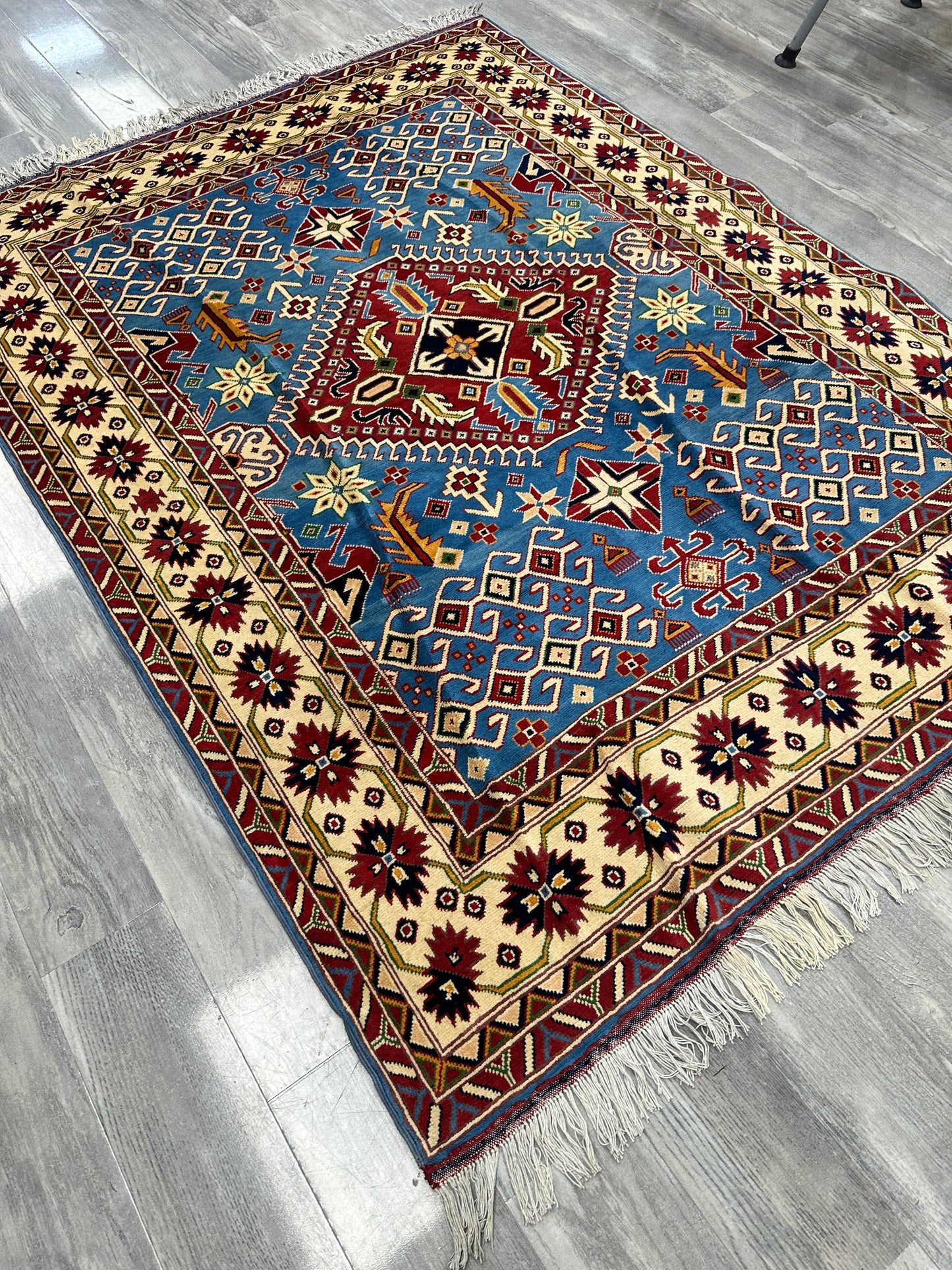 Hand-Knotted Afghani Kazak Wool Rug – 5’0″ x 6’10″