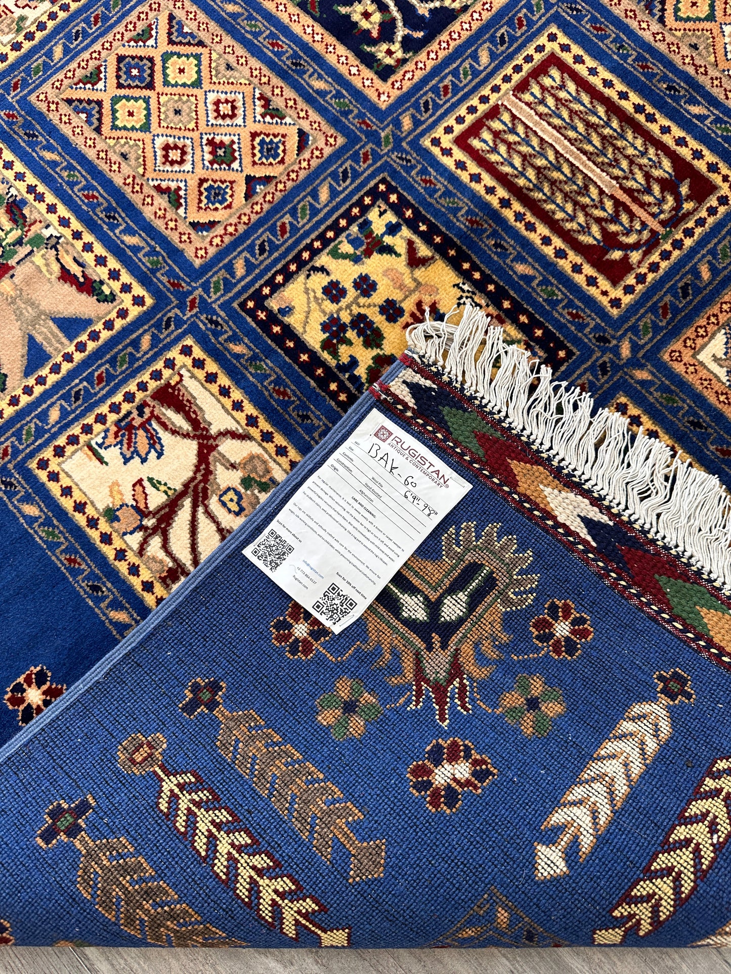 6'9″ x 10' Hand-Knotted Afghani Bakhtiari Wool Rug – Persian Garden Design – Blue & Cream