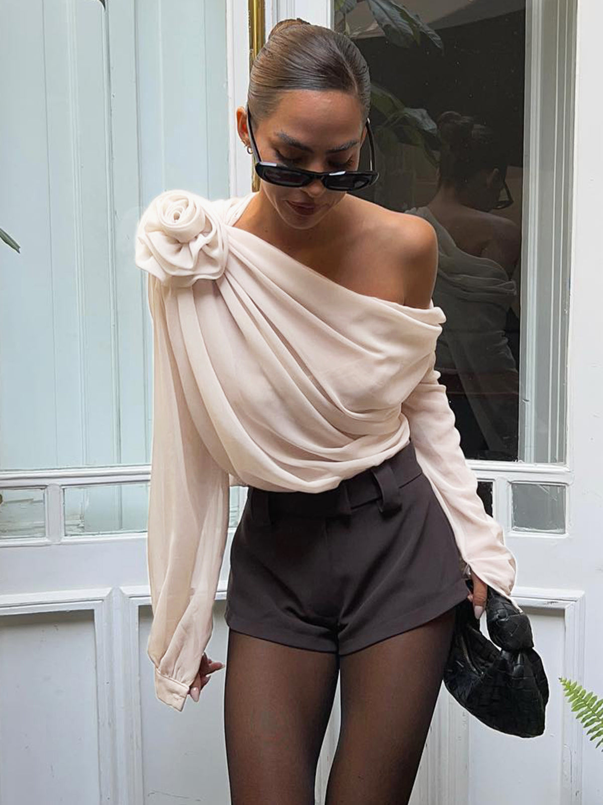 Asymmetrical Chiffon Blouse | Semi-Sheer One Shoulder Design with Long Sleeves 0