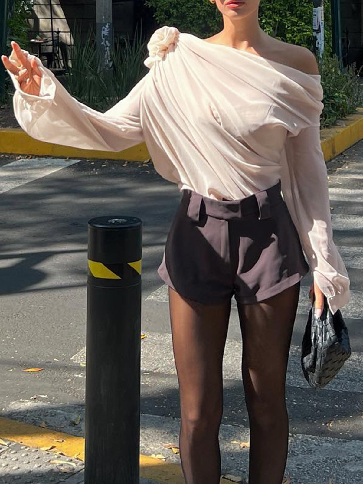 Asymmetrical Chiffon Blouse | Semi-Sheer One Shoulder Design with Long Sleeves 1