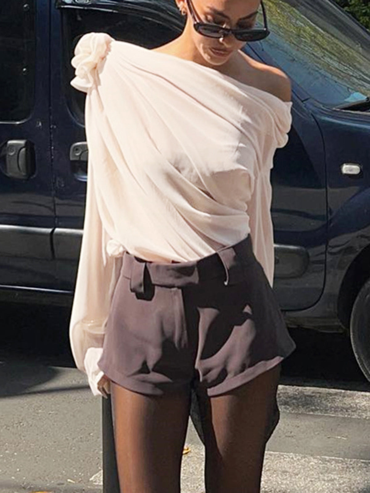 Asymmetrical Chiffon Blouse | Semi-Sheer One Shoulder Design with Long Sleeves 4