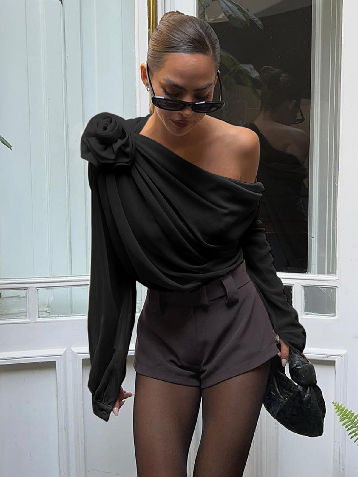 Asymmetrical Chiffon Blouse | Semi-Sheer One Shoulder Design with Long Sleeves 5