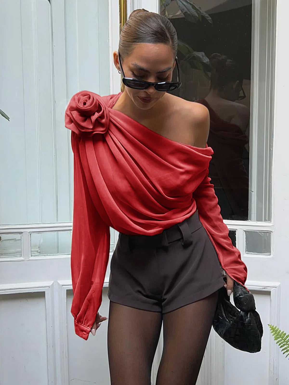 Asymmetrical Chiffon Blouse | Semi-Sheer One Shoulder Design with Long Sleeves 7