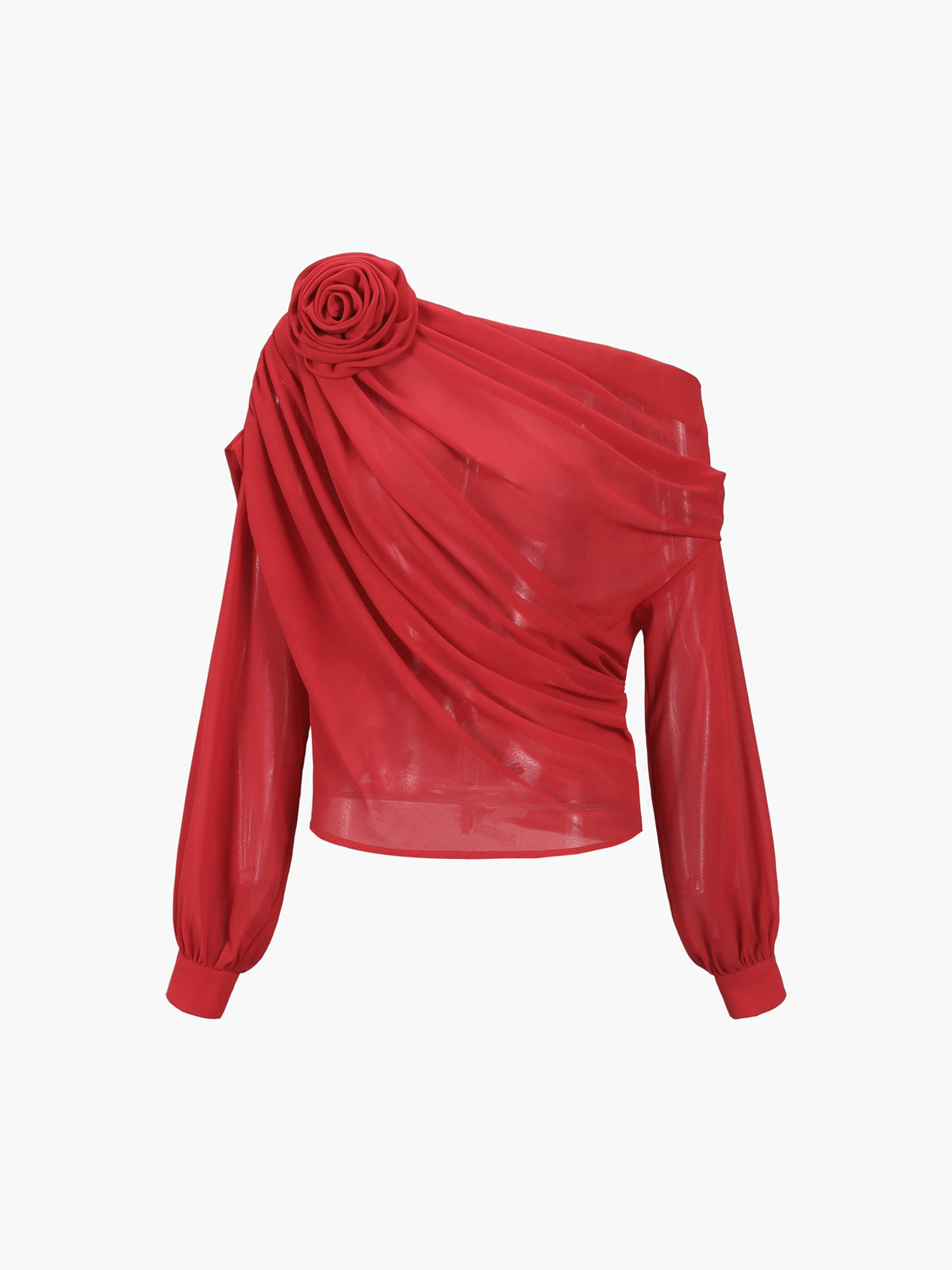 Asymmetrical Chiffon Blouse | Semi-Sheer One Shoulder Design with Long Sleeves 8