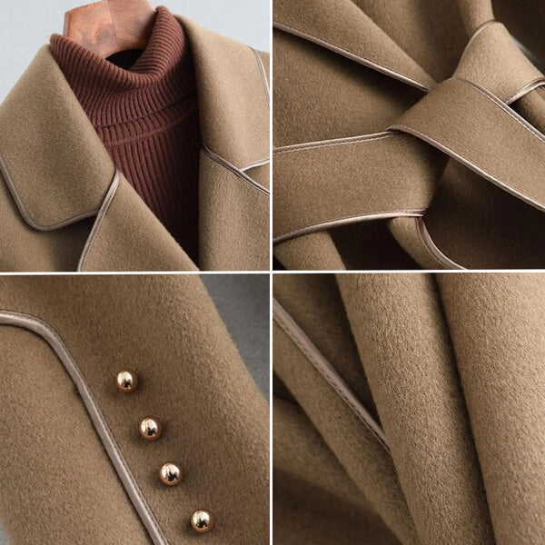 Black Trench Coat Women | Virgin Wool Blend with Pearl-Accented Cuffs 5