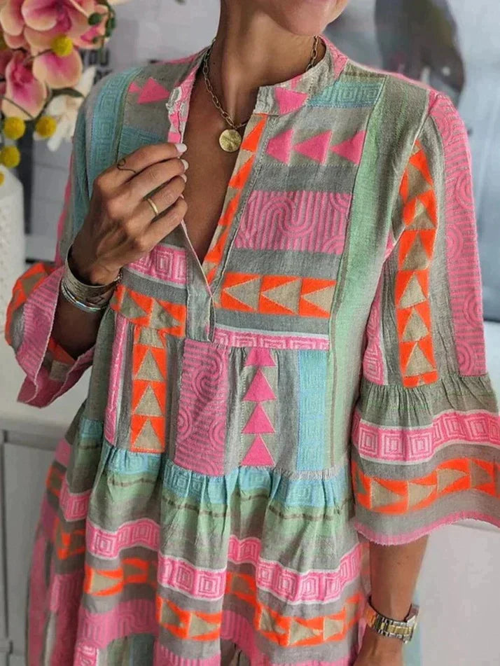 Boho Midi Dress | Lightweight Rayon Blend with Geometric Design 0