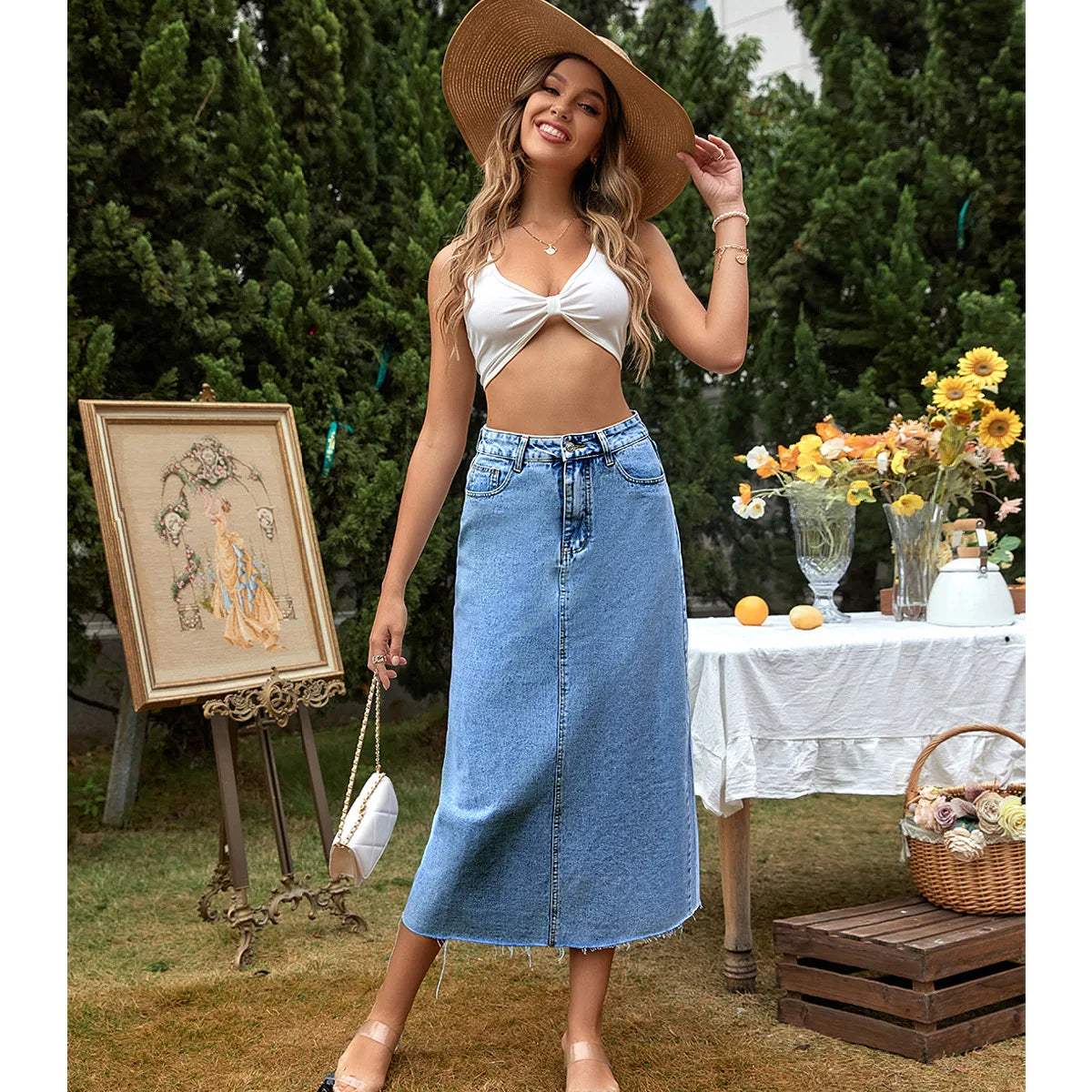 Denim Maxi Skirt | High-Waisted Design with Frayed Hem for Casual Style 0
