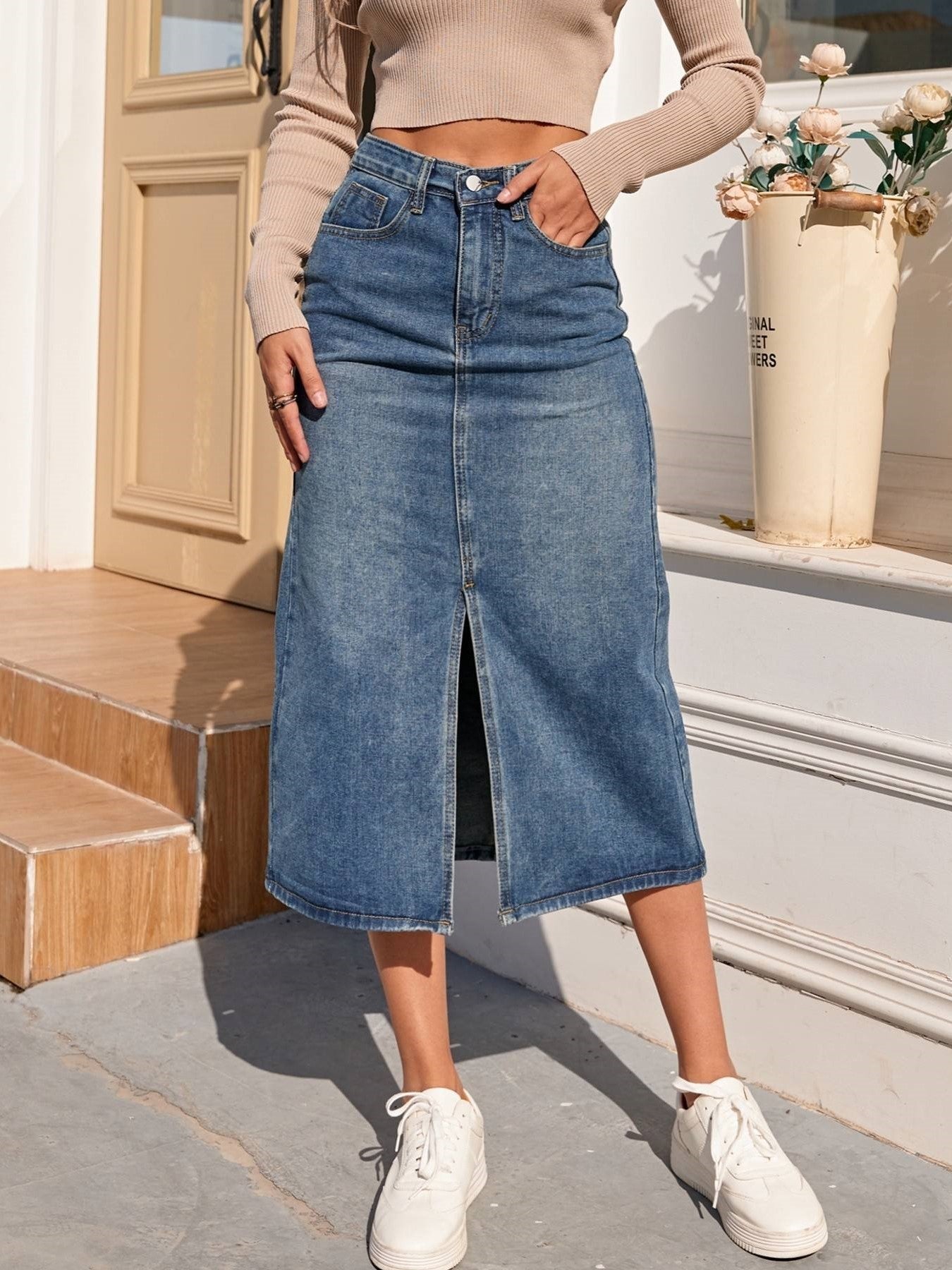 Denim Midi Skirt | High Waist Design with Chic Front Slit for Women 1