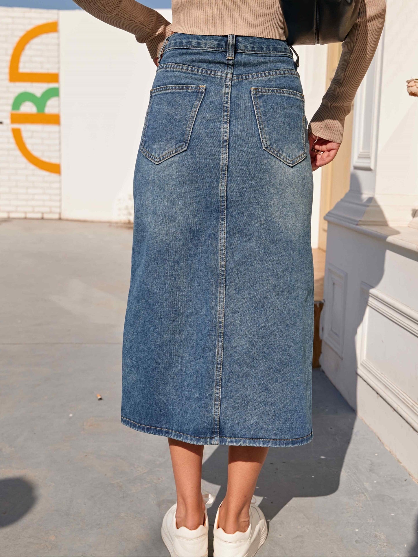 Denim Midi Skirt | High Waist Design with Chic Front Slit for Women 5