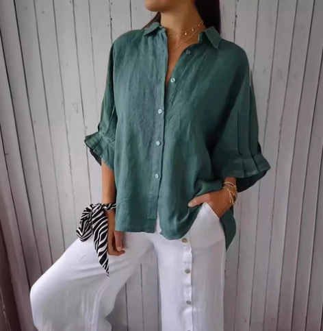 Elegance-Urban | Women's Oversized Cotton-Linen Blouse with Button Placket 0