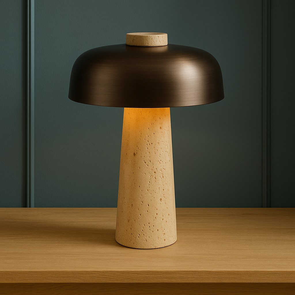 Elegant Table Lamp | Sculptural Travertine Base with Metal Shade for Bedroom or Living Room 4