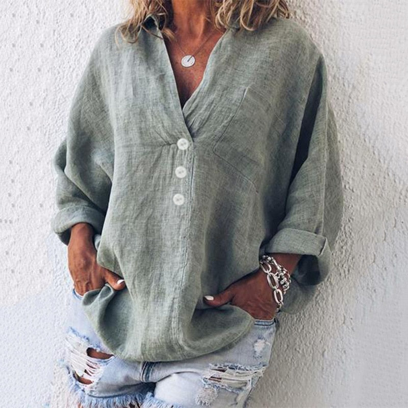 Elegant Urban | Women's Blouse, Oversized Linen Shirt with V-Neck & Button Front 0