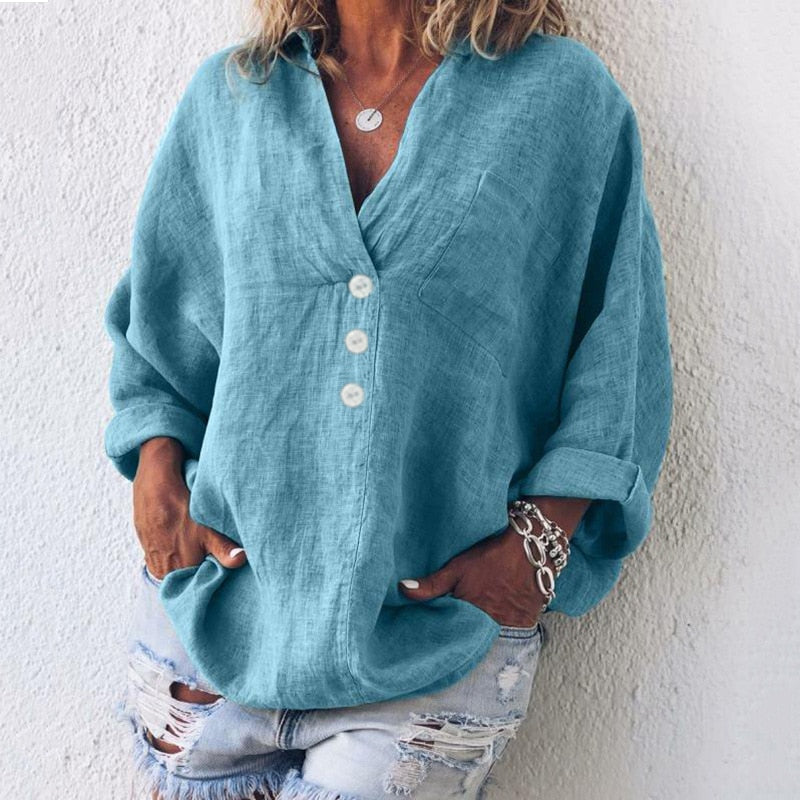 Elegant Urban | Women's Blouse, Oversized Linen Shirt with V-Neck & Button Front 1