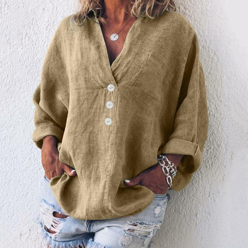 Elegant Urban | Women's Blouse, Oversized Linen Shirt with V-Neck & Button Front 2